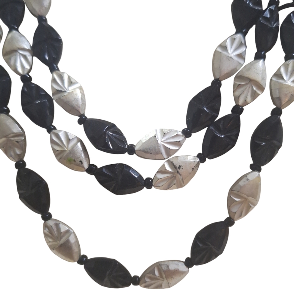 Vintage West Germany Black & Silver Acrylic Triple Strand Beaded Necklace 18" - Picture 3 of 7